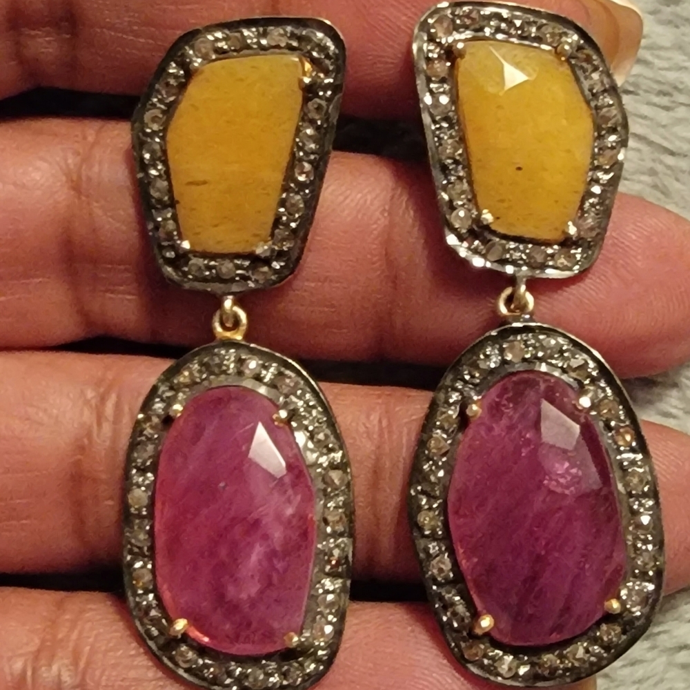 Raw Ruby, yellow topaz, diamonds on Sterling Silver Earrings.